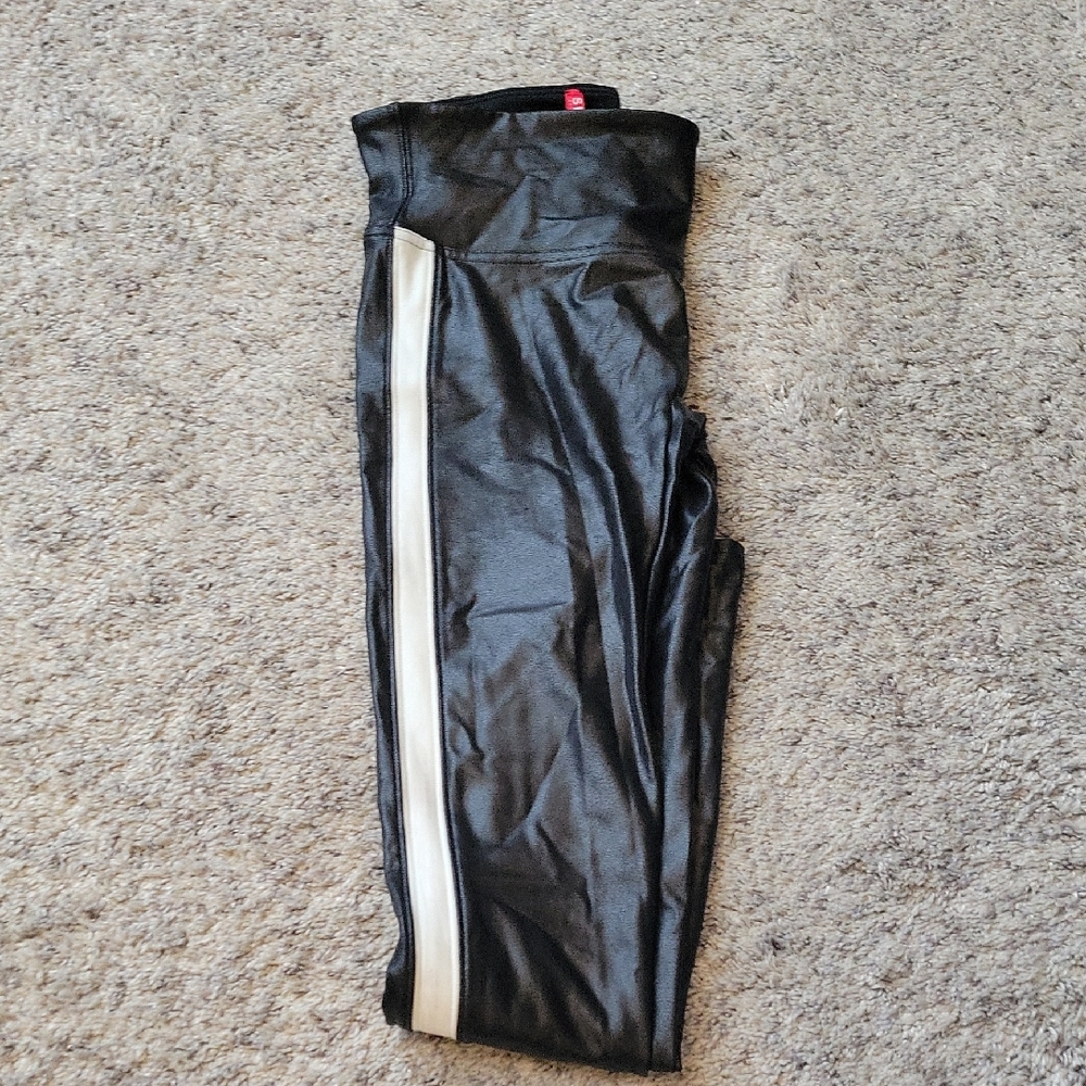 Spanx Black Faux Leather Leggings with White Stripe